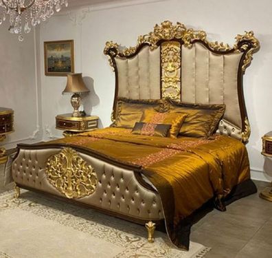 Casa Padrino Luxus Barock Doppelbett Silber / Dunkelbraun / Gold - Edles Massivholz B