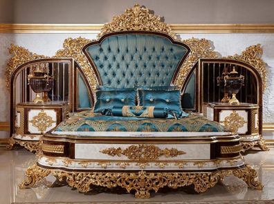 Casa Padrino Luxus Barock Schlafzimmer Set Blau / Weiß / Braun / Gold - 1 Doppelbett