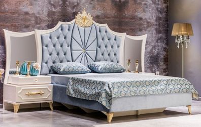 Casa Padrino Luxus Barock Schlafzimmer Set Blau / Weiß / Gold - 1 Doppelbett mit Kopf