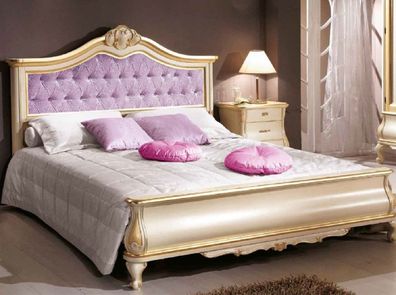 Casa Padrino Luxus Barock Doppelbett Lila / Cremefarben / Gold - Prunkvolles Massivho