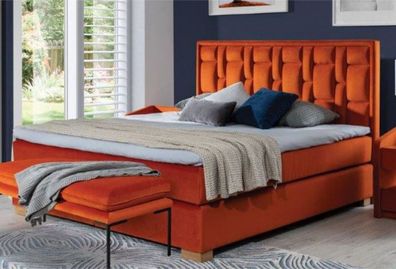 Casa Padrino Luxus Doppelbett Orange / Naturfarben - Modernes Massivholz Bett mit Kop