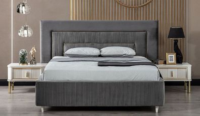 Casa Padrino Luxus Schlafzimmer Set Grau / Weiß / Gold - 1 Doppelbett mit Kopfteil