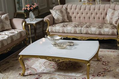 Casa Padrino Luxus Barock Couchtisch Weiß / Gold 137 x 90 x H. 46 cm - Prunkvoller Ma