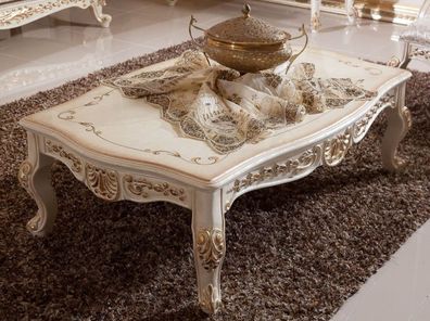 Casa Padrino Luxus Barock Couchtisch Weiß / Beige / Gold - Prunkvoller Massivholz Woh