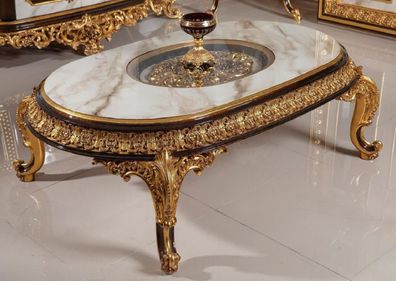 Casa Padrino Luxus Barock Couchtisch mit Glasplatte Weiß / Dunkelbraun / Gold - Prunk