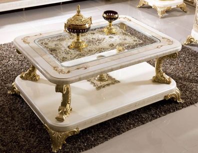Casa Padrino Luxus Barock Couchtisch mit Glasplatte Weiß / Beige / Gold - Prunkvoller