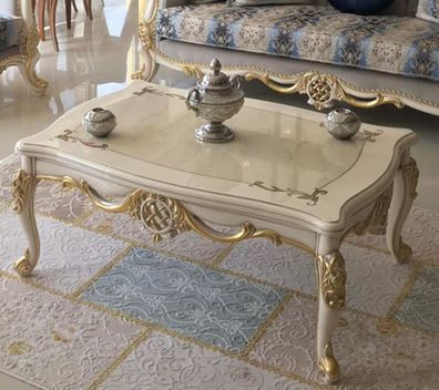 Casa Padrino Luxus Barock Couchtisch Weiß / Gold 118 x 87 x H. 50 cm - Massivholz Woh