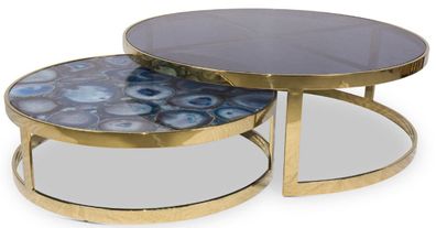 Casa Padrino Luxus Couchtisch Set Blau / Gold - 2 Runde Wohnzimmertische mit Achat Ed
