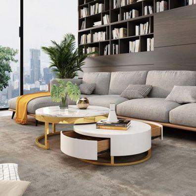 Casa Padrino Luxus Couchtisch Set Weiß / Gold - 2 runde Wohnzimmertische - Wohnzimmer