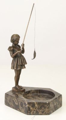 Casa Padrino Luxus Aschenbecher mit Bronzefigur Mädchen mit Angel Bronzefarben / Grau