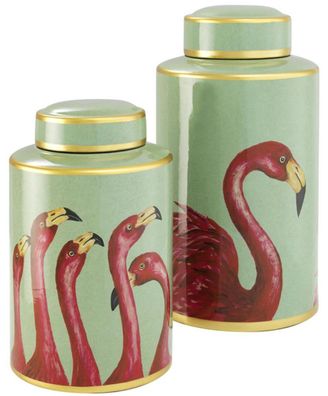 Casa Padrino Porzellan Dosen Set Flamingos Mehrfarbig / Gold - Luxus Deko Dosen mit D