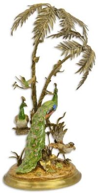 Casa Padrino Luxus Bronze Deko Palme mit exotischen Porzellan Vögeln Mehrfarbig / Gol