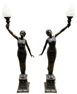 Casa Padrino Luxus Barock Stehleuchten Damen mit Fakeln Bronzefarben / Weiß 65 x 30 x