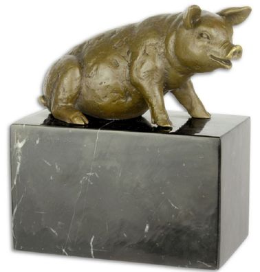 Casa Padrino Luxus Bronzefigur sitzendes Schwein Bronze / Schwarz 8 x 14 x H. 15,6 cm