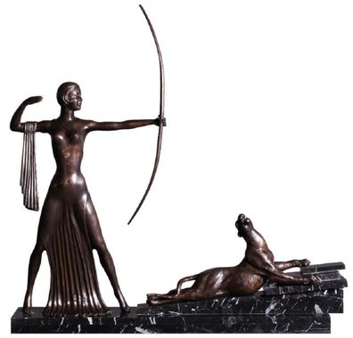 Casa Padrino Luxus Bronze Deko Skulptur Dame mit Bogen und Tiger Bronzefarben / Schwa