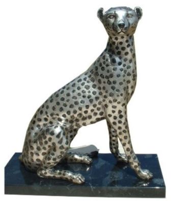 Casa Padrino Luxus Bronzefigur Silber / Schwarz 37 x 15 x H. 40 cm - Sitzender Gepard