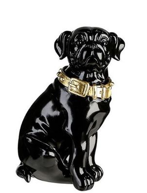 Casa Padrino Dekofigur Hund mit Halsband Schwarz glänzend / Gold 11 x 10 x H. 16 cm -