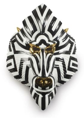 Casa Padrino Luxus Porzellan Deko Maske Pavian Affe Schwarz / Weiß / Gold 31 x 14 x H