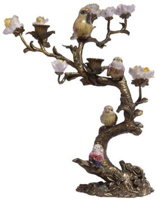 Casa Padrino Jugendstil Bronze Kerzenhalter mit dekorativen Porzellan Vögelchen und B