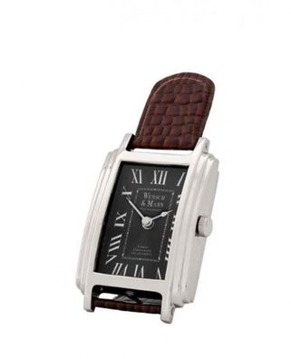 Casa Padrino Designer Luxus Uhr Nickel finish mit braunem Leder 12 x H. 26 cm - Tisch