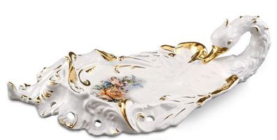 Casa Padrino Barock Serviertablett Schwan mit Blumen Weiß / Gold / Mehrfarbig 54 x 30
