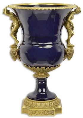 Casa Padrino Barock Porzellan Vase Dunkelblau / Messingfarben 43,4 x 37,5 x H. 60 cm