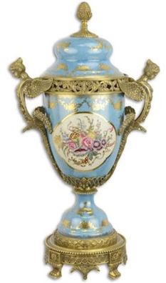 Casa Padrino Barock Porzellan Vase mit Deckel Hellblau / Mehrfarbig / Messingfarben 3
