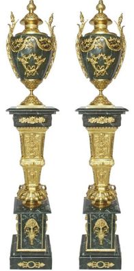 Casa Padrino Barock Deko Porzellan Vasen mit Marmor Säulen Set Grün / Gold 30 x 30 x