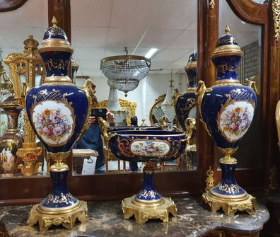 Casa Padrino Luxus Barock Porzellan Vasen und Schalen Set (2 Vasen und 1 Schale) mit
