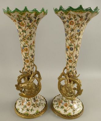 Casa Padrino Jugendstil Porzellan Vasen Set Creme / Mehrfarbig / Messing Ø 12 x H. 34