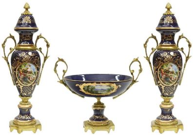 Casa Padrino Barock Keramik Vasen Set mit Schale Dunkelblau / Mehrfarbig / Gold - Pru