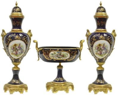 Casa Padrino Barock Keramik Vasen Set mit Schale Dunkelblau / Mehrfarbig / Gold - Dek