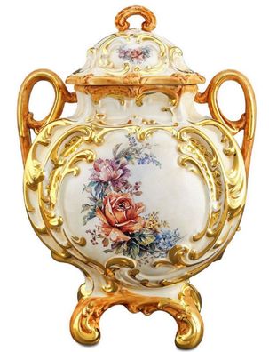 Casa Padrino Barock Keramik Vase mit Deckel und 2 Tragegriffen Weiß / Gold / Mehrfarb