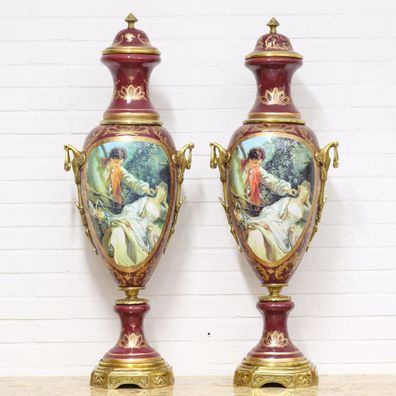Casa Padrino Luxus Porzellan Vasen Set Bordeauxrot / Gold 30 x H. 100 cm - Dekoration