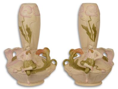 Casa Padrino Jugendstil Porzellan Blumenvasen Set Beige / Mehrfarbig 17,5 x 17 x H. 2