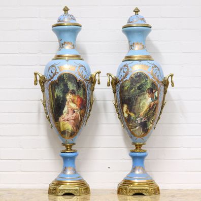 Casa Padrino Luxus Porzellan Vasen Set Hellblau / Gold 30 x H. 100 cm - Dekorationen