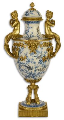 Casa Padrino Jugendstil Vase mit Deckel Weiß / Blau / Gold 25,8 x 24,5 x H. 51,3 cm