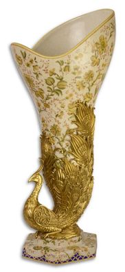 Casa Padrino Jugendstil Vase im Pfau Design Mehrfarbig / Gold 22 x 23,6 x H. 55,9 cm