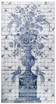 Casa Padrino Luxus Barock Deko Wandgemälde Vase mit Blumen und Vögel Weiß / Grau / Bl