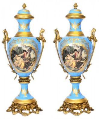 Casa Padrino Barock Porzellan Pokal Set Hellblau / Gold B26 H63 cm (2 Stück) - Grand