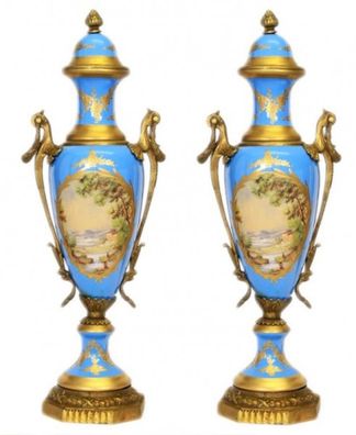 Casa Padrino Barock Porzellan Pokal Set Hellblau / Gold B20 H58 cm (2 Stück) - Grand
