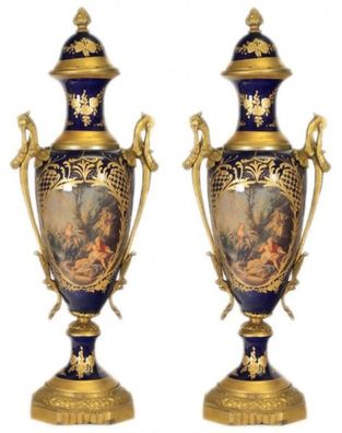 Casa Padrino Barock Porzellan Pokal Set Kobalt / Gold B20 H58 cm (2 Stück) - Grand De