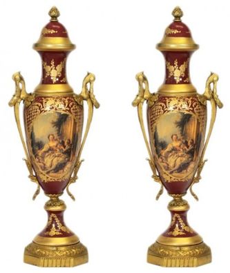 Casa Padrino Barock Porzellan Pokal Set Bordeaux Rot / Gold B20 H58 cm (2 Stück) - Gr