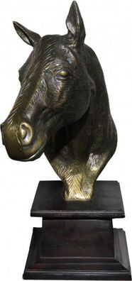 Casa Padrino Luxus Statue Pferd Figur auf Holzsockel Antik Gold/ Braun H 39 cm - Tier