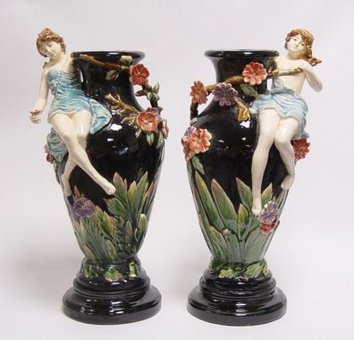 Casa Padrino Barock Porzellan Vasen Set mit Blumenmädchen - H 43 cm (2 Stück) - Luxus