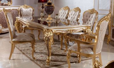Casa Padrino Luxus Barock Esszimmer Set Weiß / Silber / Braun / Gold - 1 Barock Essti