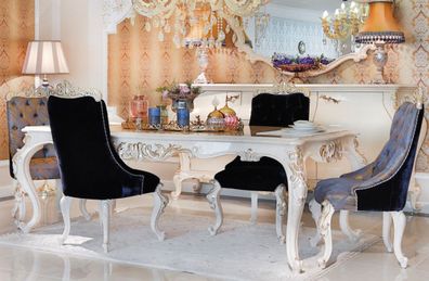 Casa Padrino Luxus Barock Esszimmer Set Blau / Weiß / Gold - 1 Esstisch & 6 Esszimmer
