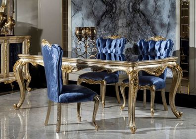 Casa Padrino Luxus Barock Esszimmer Set Blau / Silber / Gold - 1 Esstisch & 6 Esszimm