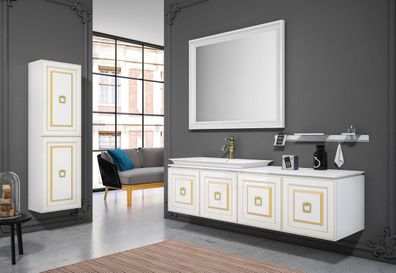 Casa Padrino Luxus Badezimmer Set Weiß / Gold - 1 Waschtisch mit Waschbecken & 1 Wand