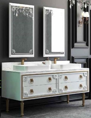 Casa Padrino Luxus Badezimmer Set Weiß / Gold - 1 Waschtisch mit 4 Schubladen und 2 W